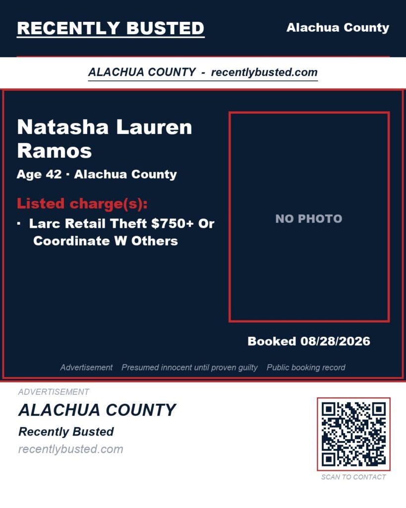Natasha Lauren Ramos — arrest record card, Alachua County, Florida