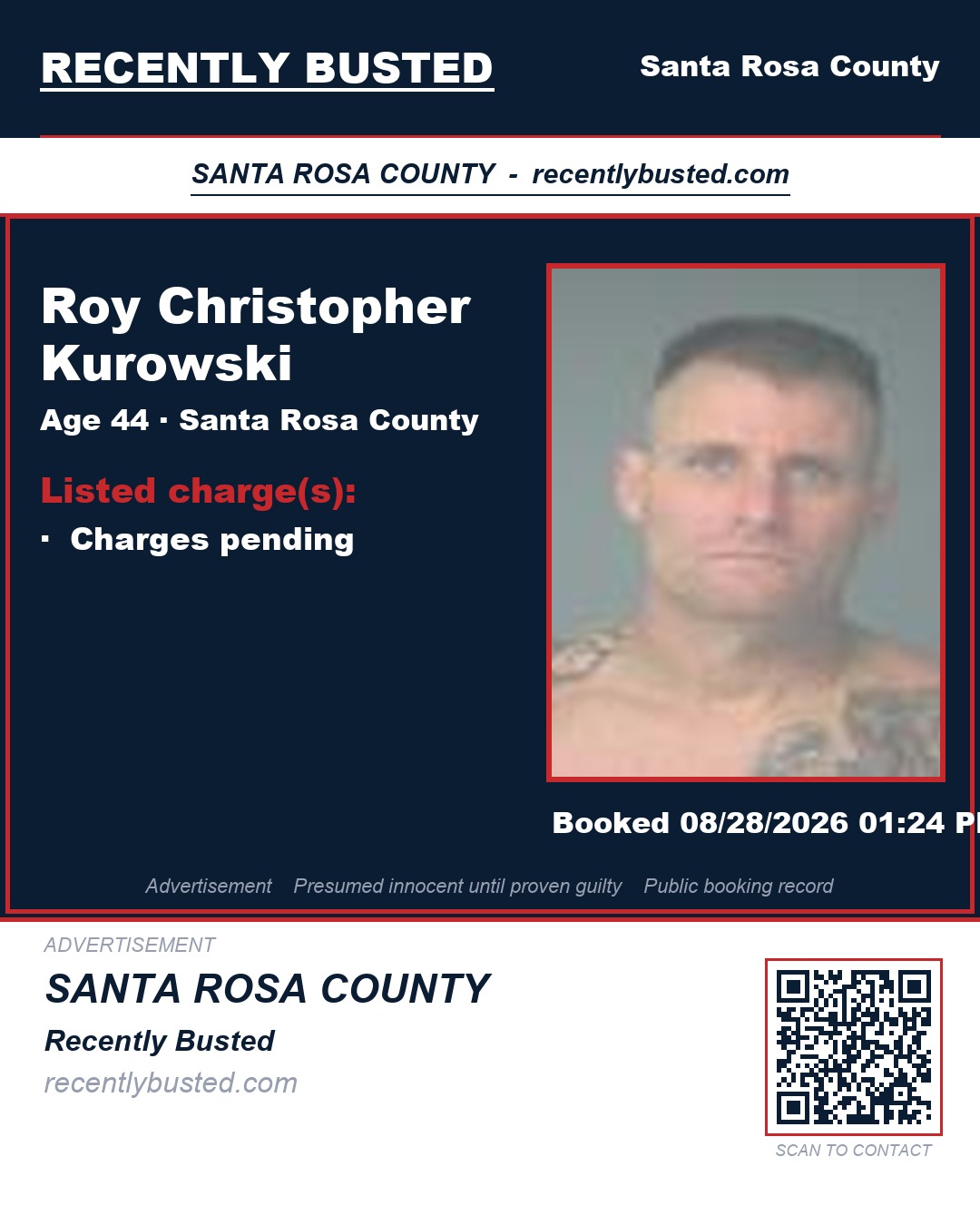 Roy Christopher Kurowski — arrest record card, Santa Rosa County, Florida