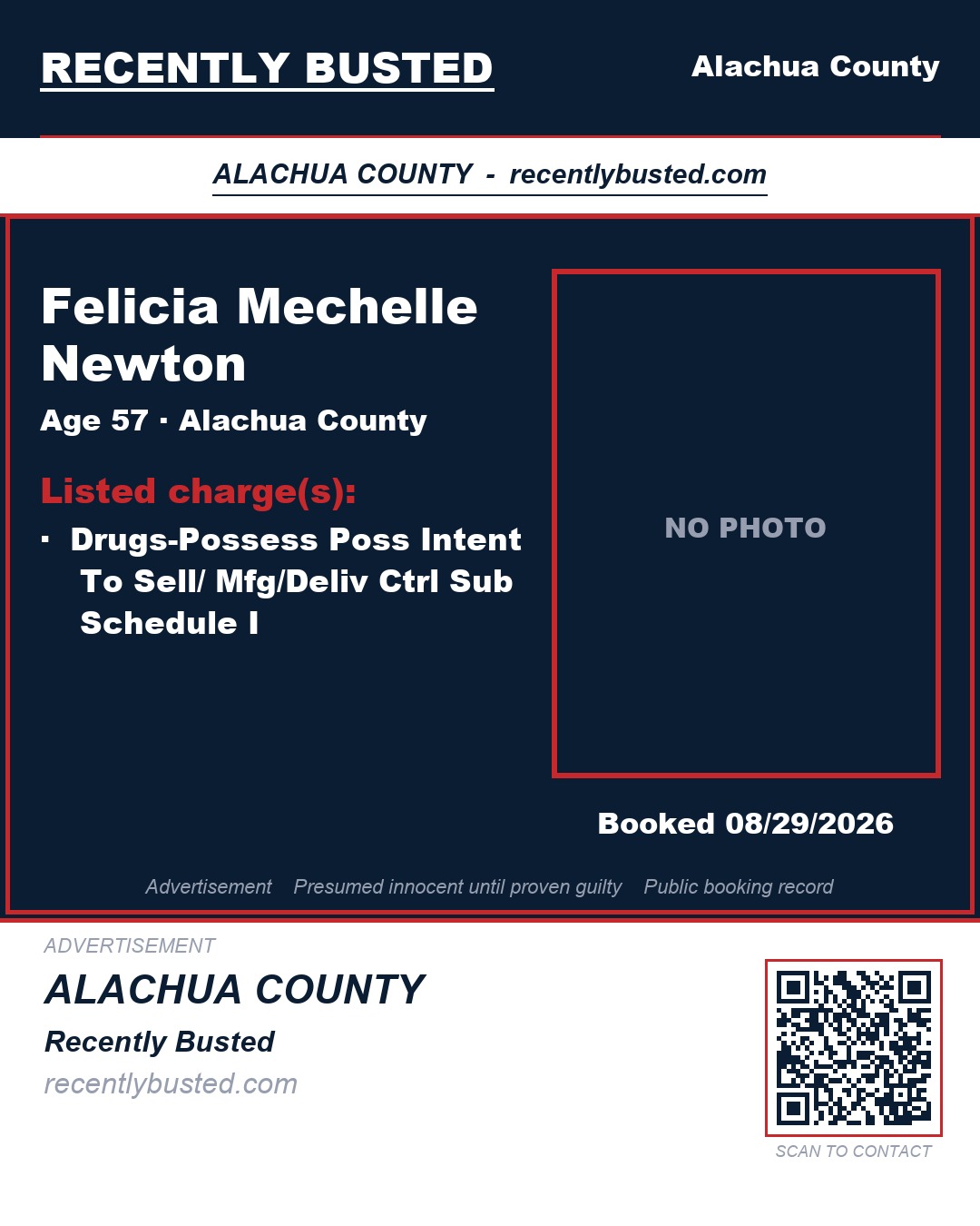Felicia Mechelle Newton — arrest record card, Alachua County, Florida