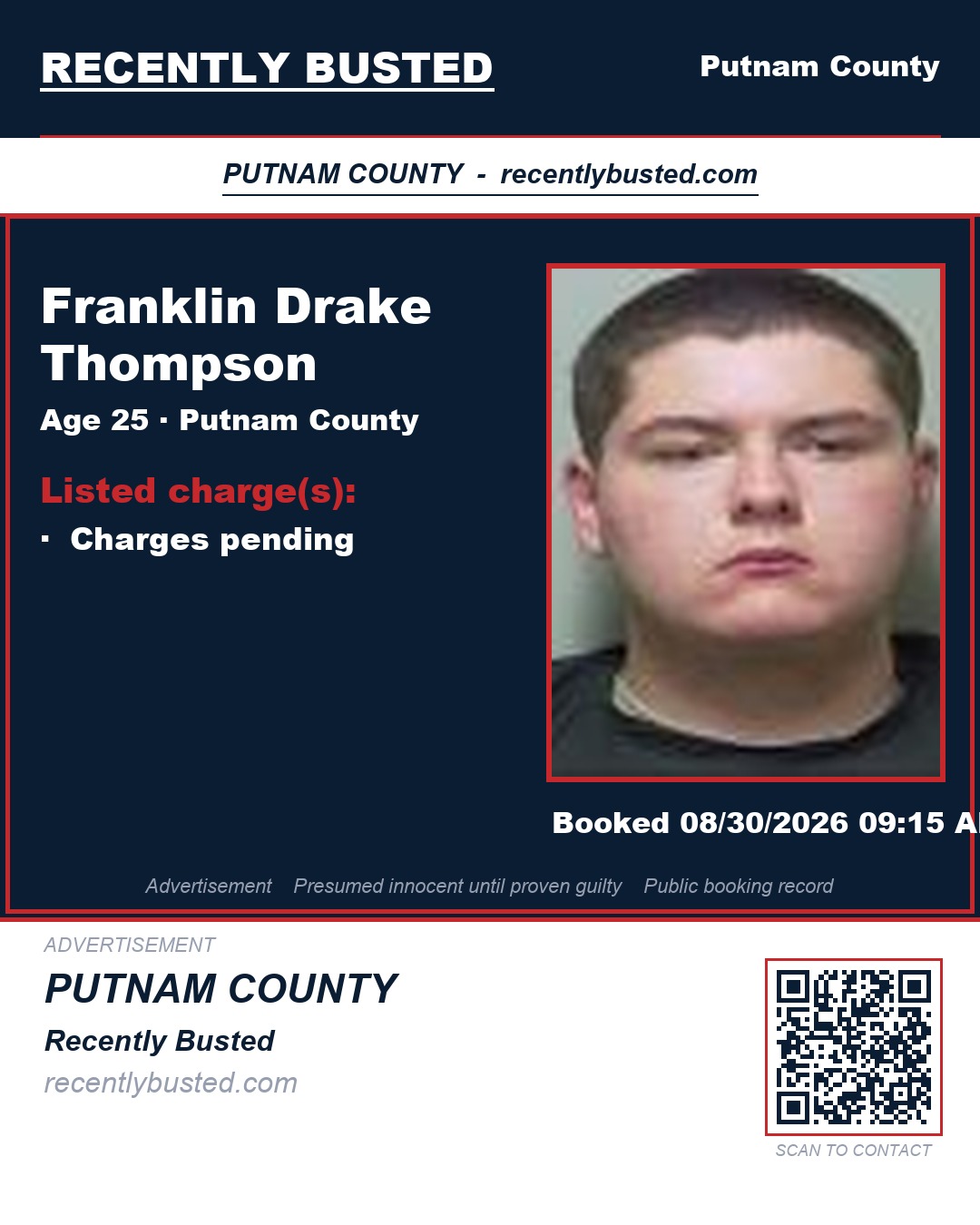 Franklin Drake Thompson — arrest record card, Putnam County, Florida
