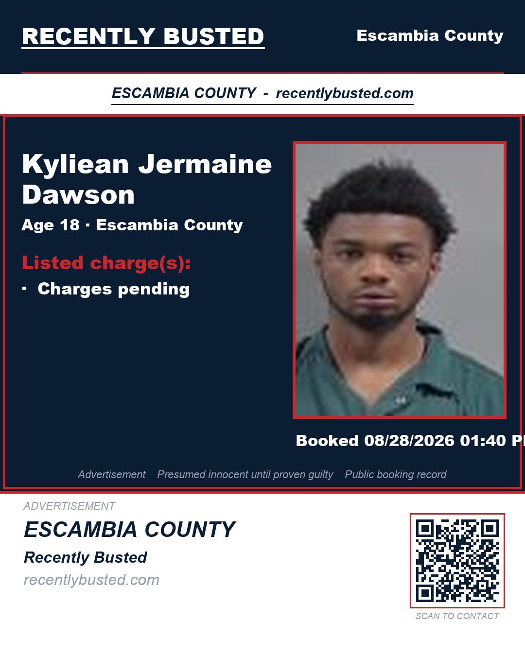 Kyliean Jermaine Dawson — arrest record card, Escambia County, Florida