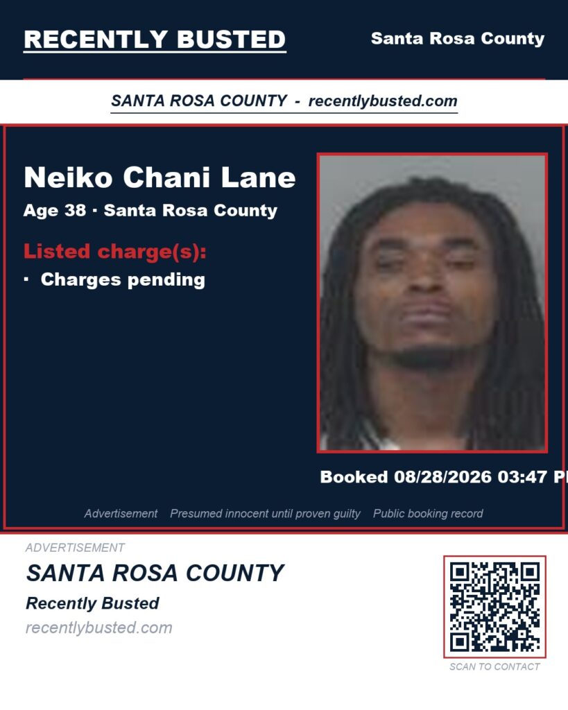 Neiko Chani Lane — arrest record card, Santa Rosa County, Florida
