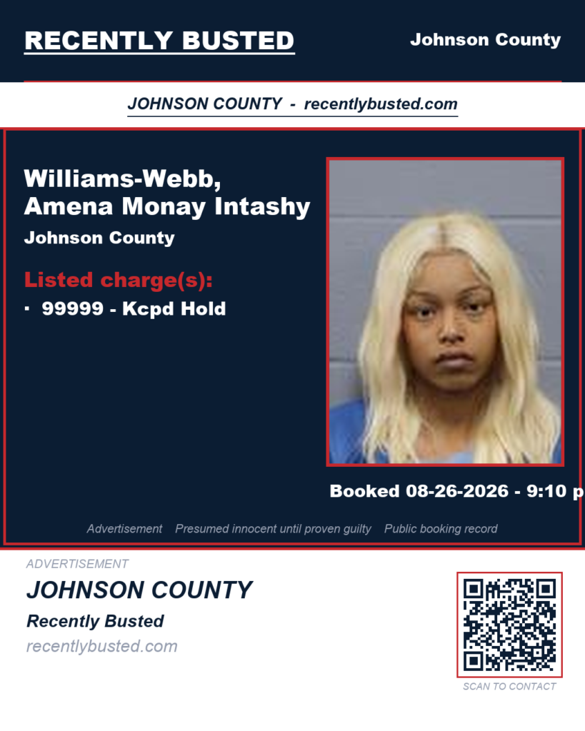 WILLIAMS-WEBB, AMENA MONAY INTASHY — arrest record card, Johnson County, Missouri