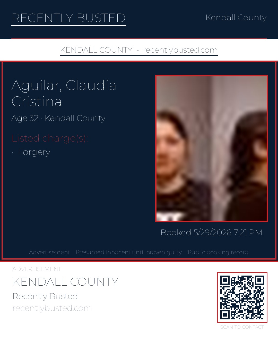 AGUILAR, CLAUDIA CRISTINA — arrest record card, Kendall County, Illinois