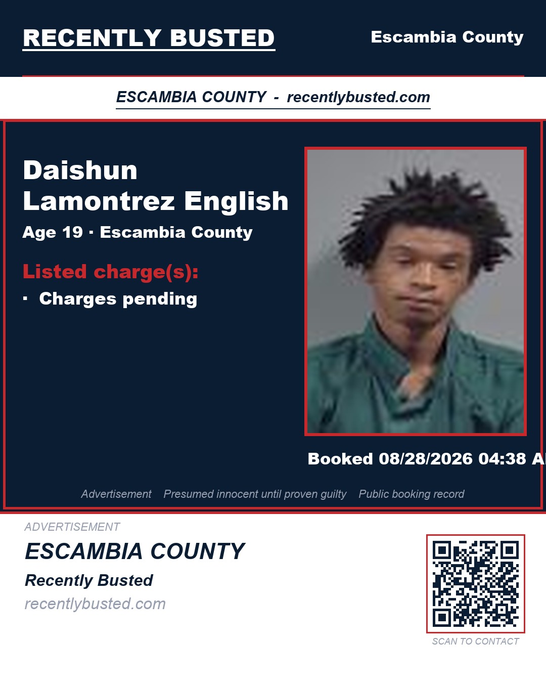 Daishun Lamontrez English — arrest record card, Escambia County, Florida