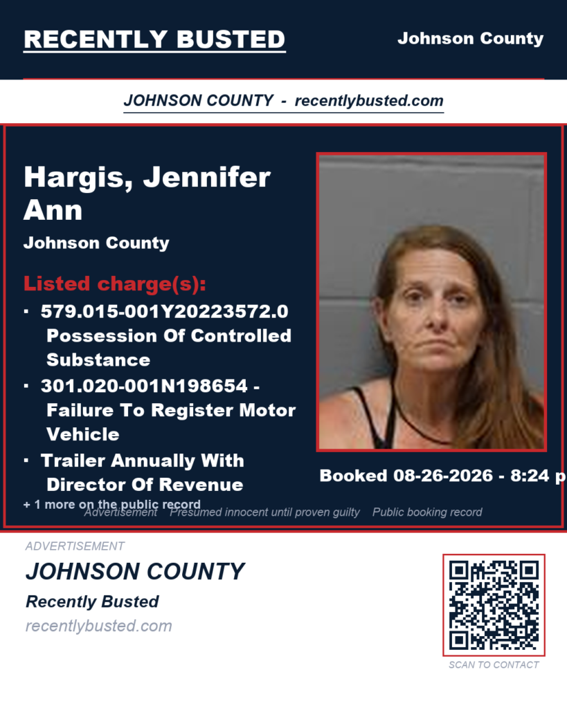 HARGIS, JENNIFER ANN — arrest record card, Johnson County, Missouri
