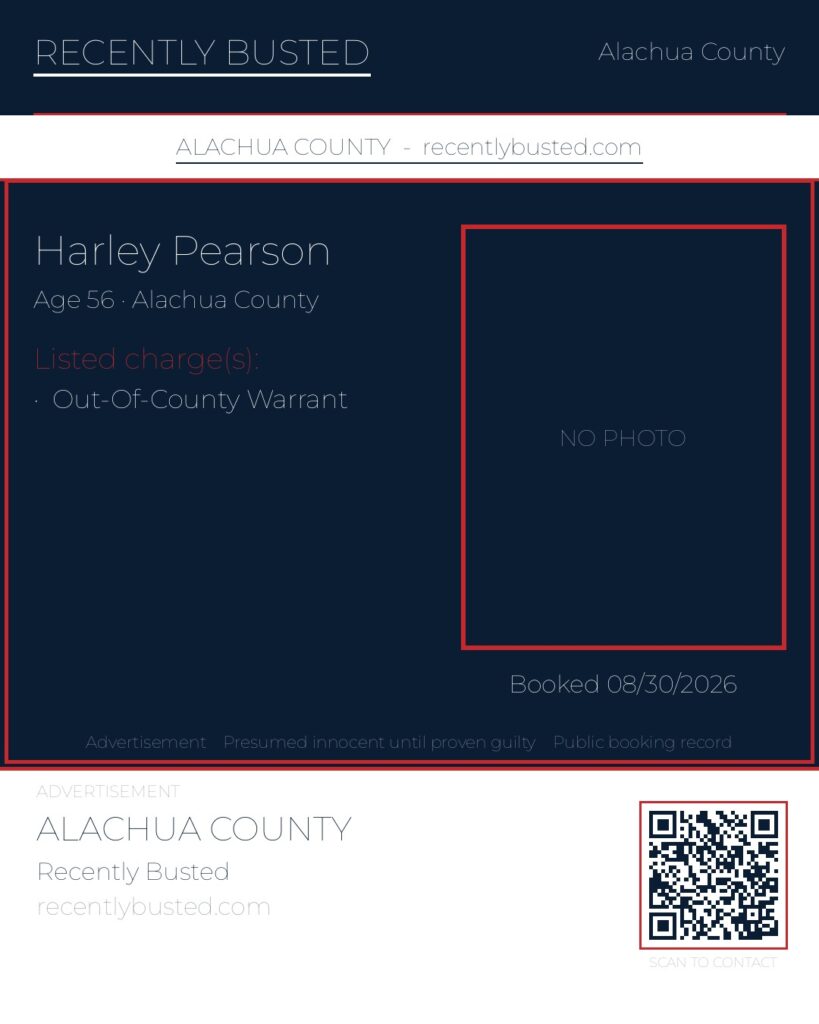 Harley Pearson — arrest record card, Alachua County, Florida