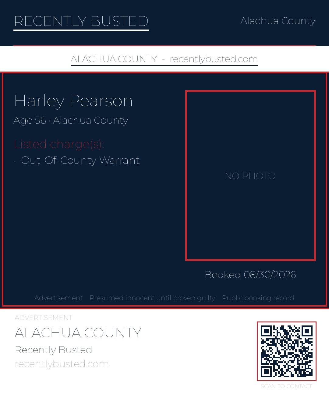 Harley Pearson — arrest record card, Alachua County, Florida