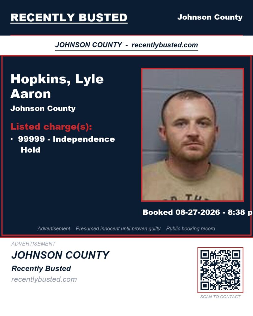HOPKINS, LYLE AARON — arrest record card, Johnson County, Missouri