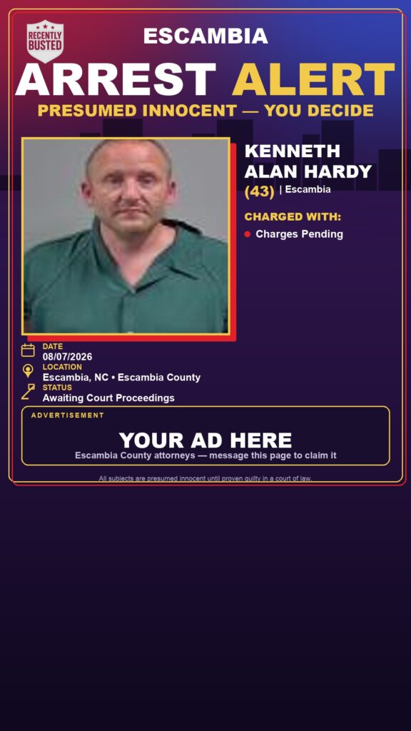 Kenneth Alan Hardy — arrest record card, Escambia County, Florida