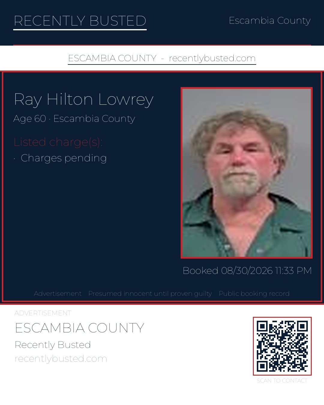 Ray Hilton Lowrey — arrest record card, Escambia County, Florida