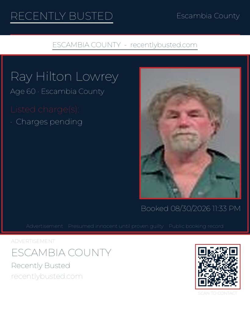 Ray Hilton Lowrey — arrest record card, Escambia County, Florida