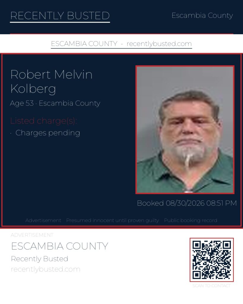 Robert Melvin Kolberg — arrest record card, Escambia County, Florida