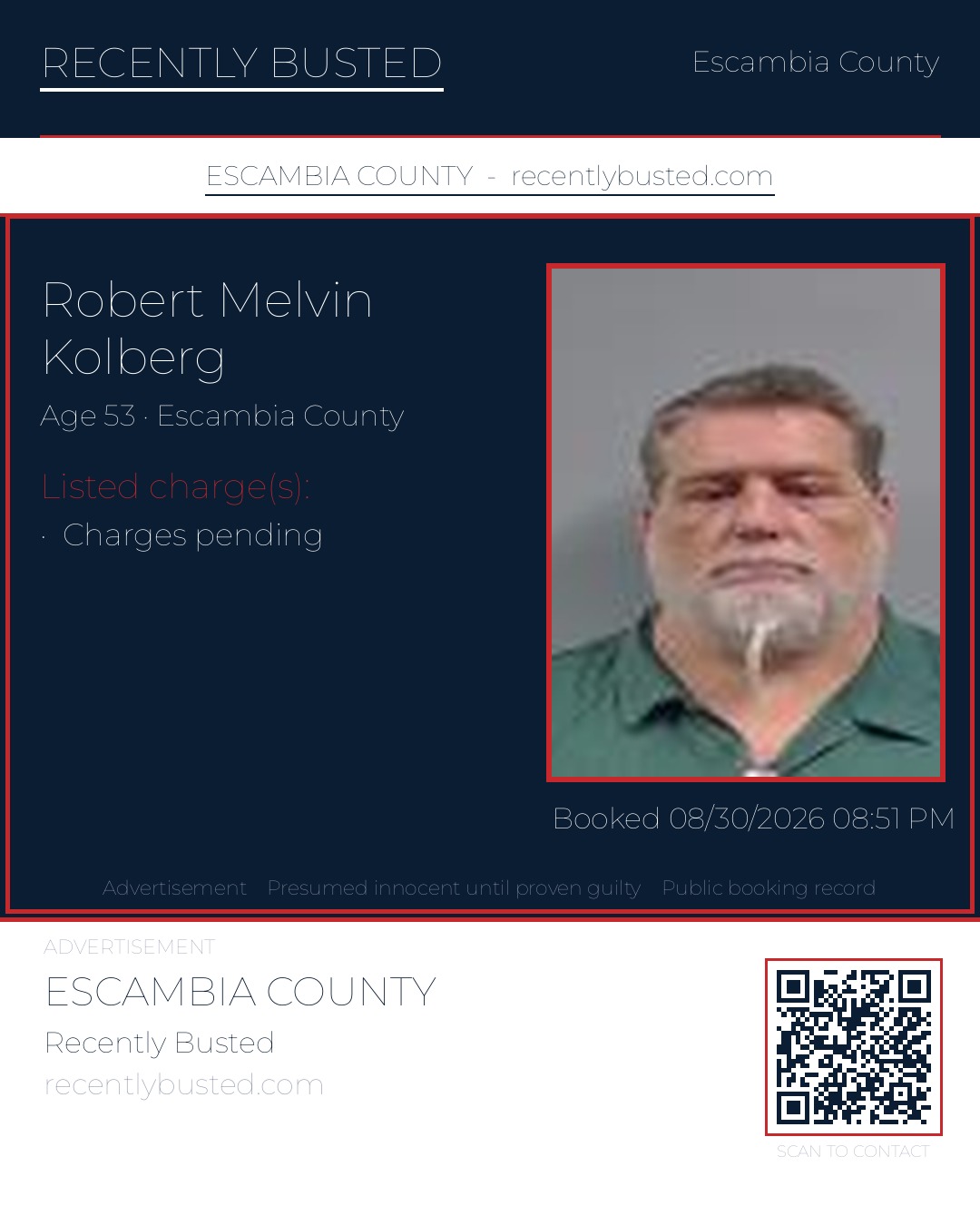 Robert Melvin Kolberg — arrest record card, Escambia County, Florida