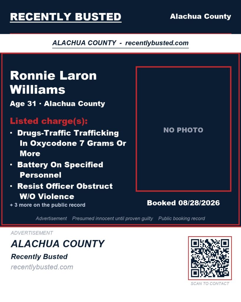 Ronnie Laron Williams — arrest record card, Alachua County, Florida