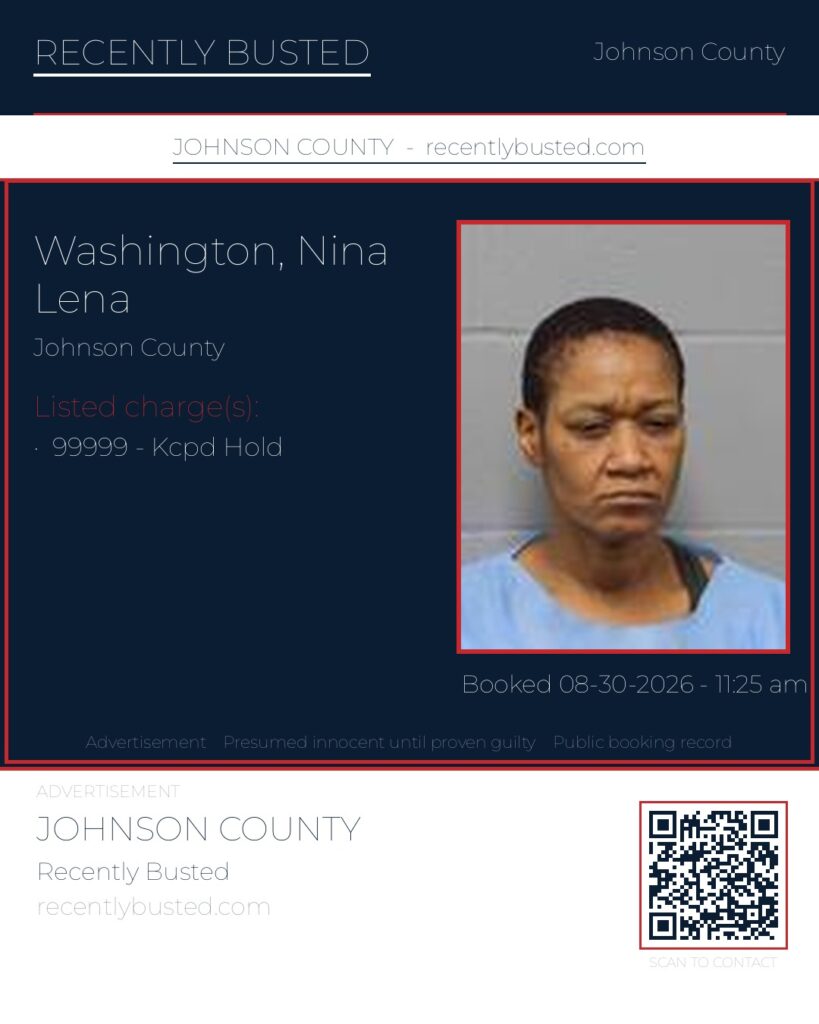 WASHINGTON, NINA LENA — arrest record card, Johnson County, Missouri