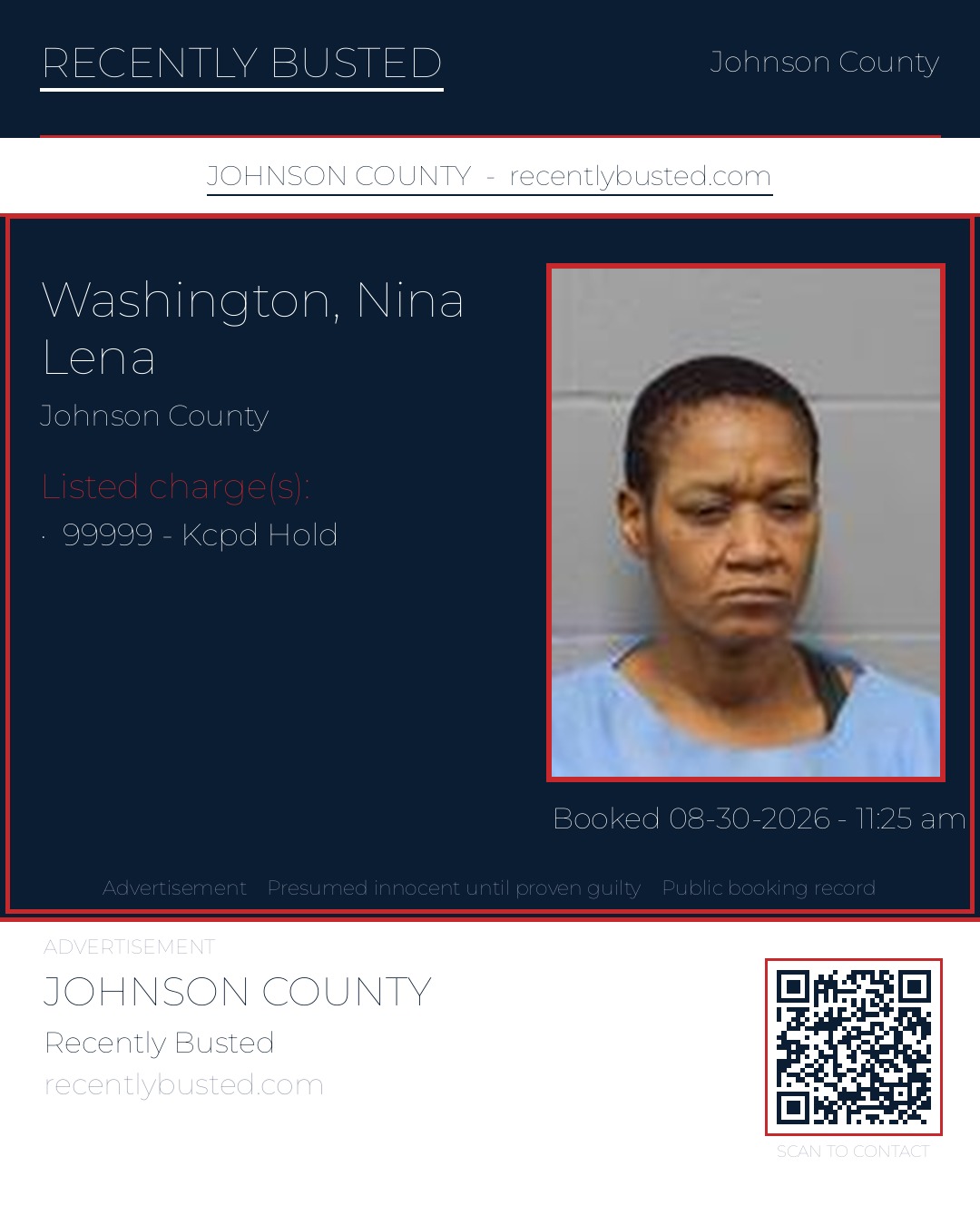 WASHINGTON, NINA LENA — arrest record card, Johnson County, Missouri