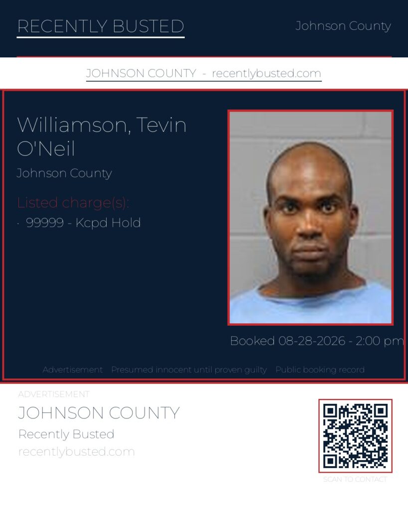 WILLIAMSON, TEVIN O'NEIL — arrest record card, Johnson County, Missouri