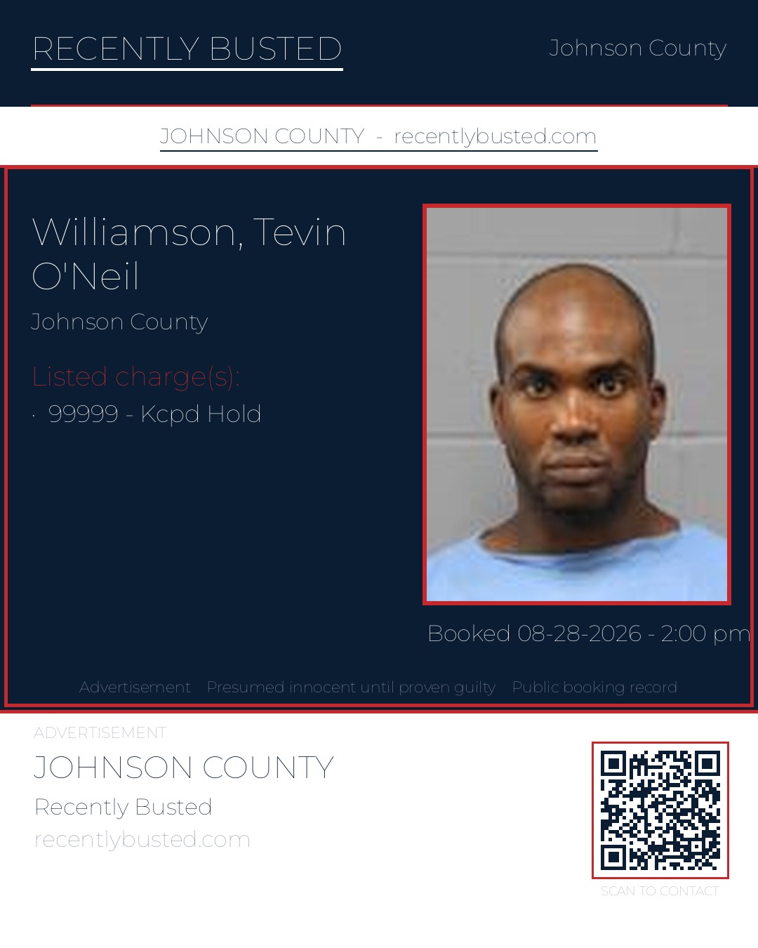 WILLIAMSON, TEVIN O'NEIL — arrest record card, Johnson County, Missouri