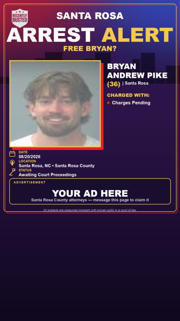 Bryan Andrew Pike — arrest record card, Santa Rosa County, Florida