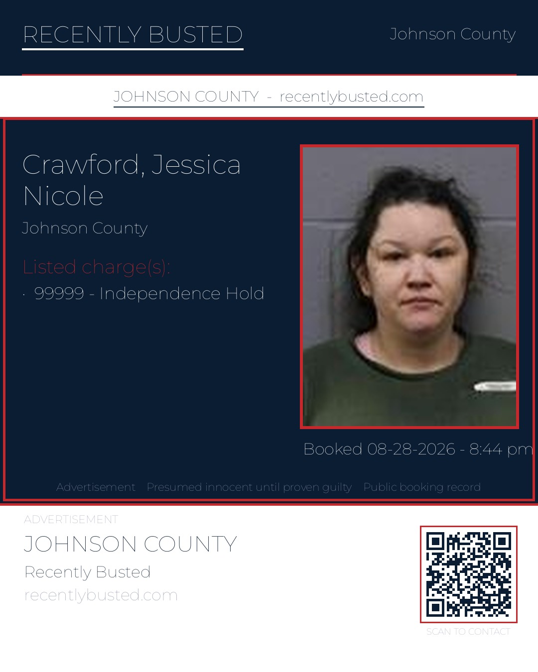 CRAWFORD, JESSICA NICOLE — arrest record card, Johnson County, Missouri