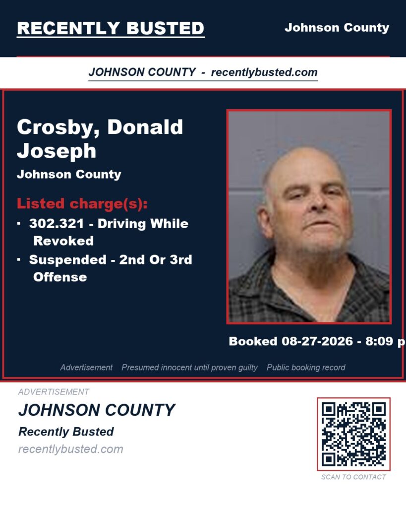 CROSBY, DONALD JOSEPH — arrest record card, Johnson County, Missouri