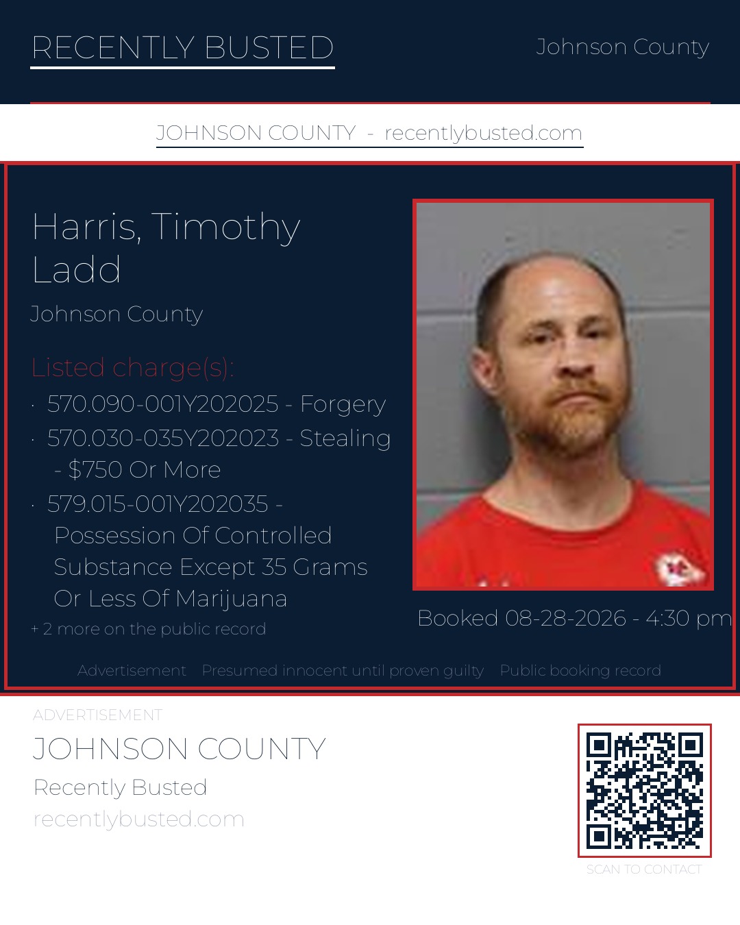 HARRIS, TIMOTHY LADD — arrest record card, Johnson County, Missouri