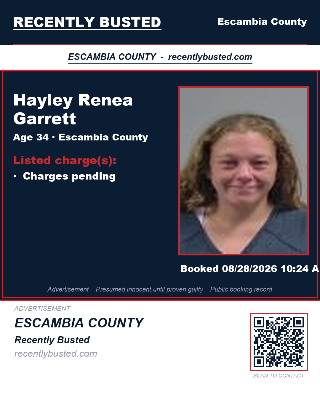 Hayley Renea Garrett — arrest record card, Escambia County, Florida