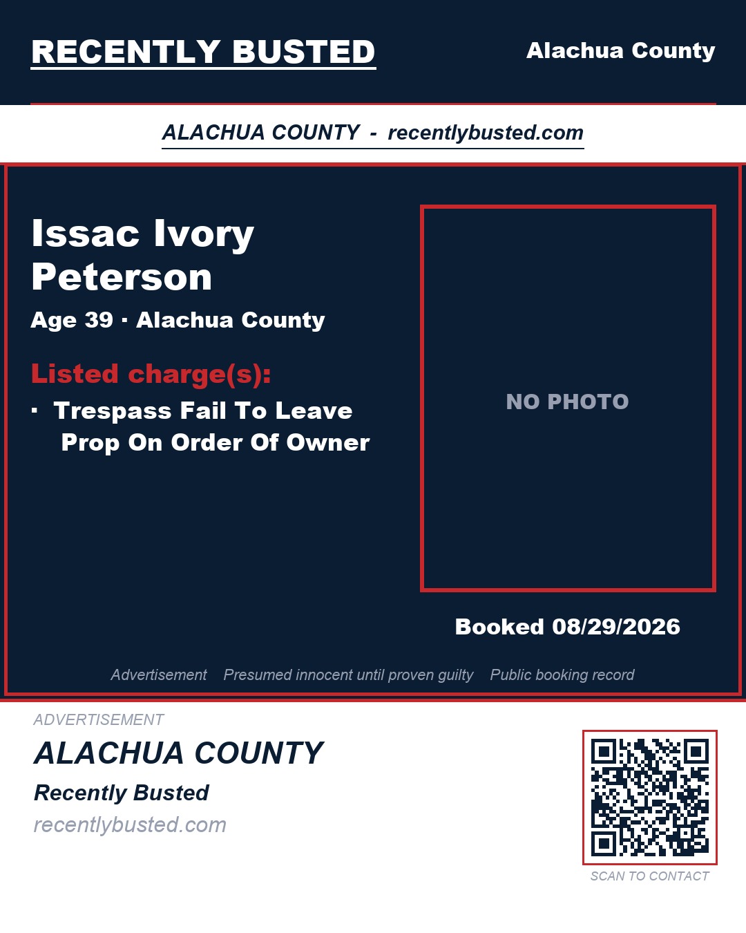 Issac Ivory Peterson — arrest record card, Alachua County, Florida