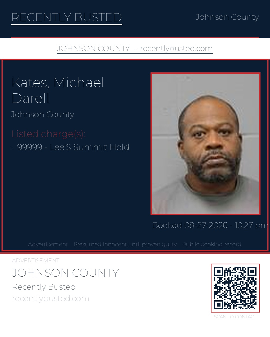 KATES, MICHAEL DARELL — arrest record card, Johnson County, Missouri