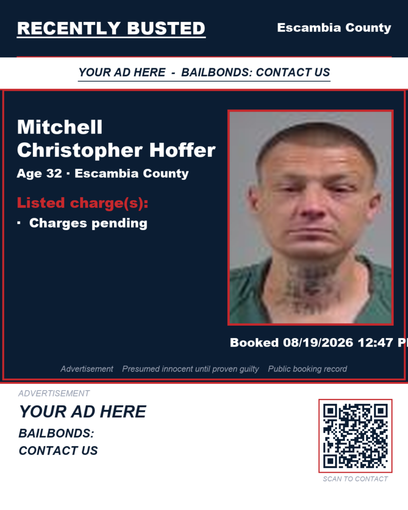Mitchell Christopher Hoffer — arrest record card, Escambia County, Florida
