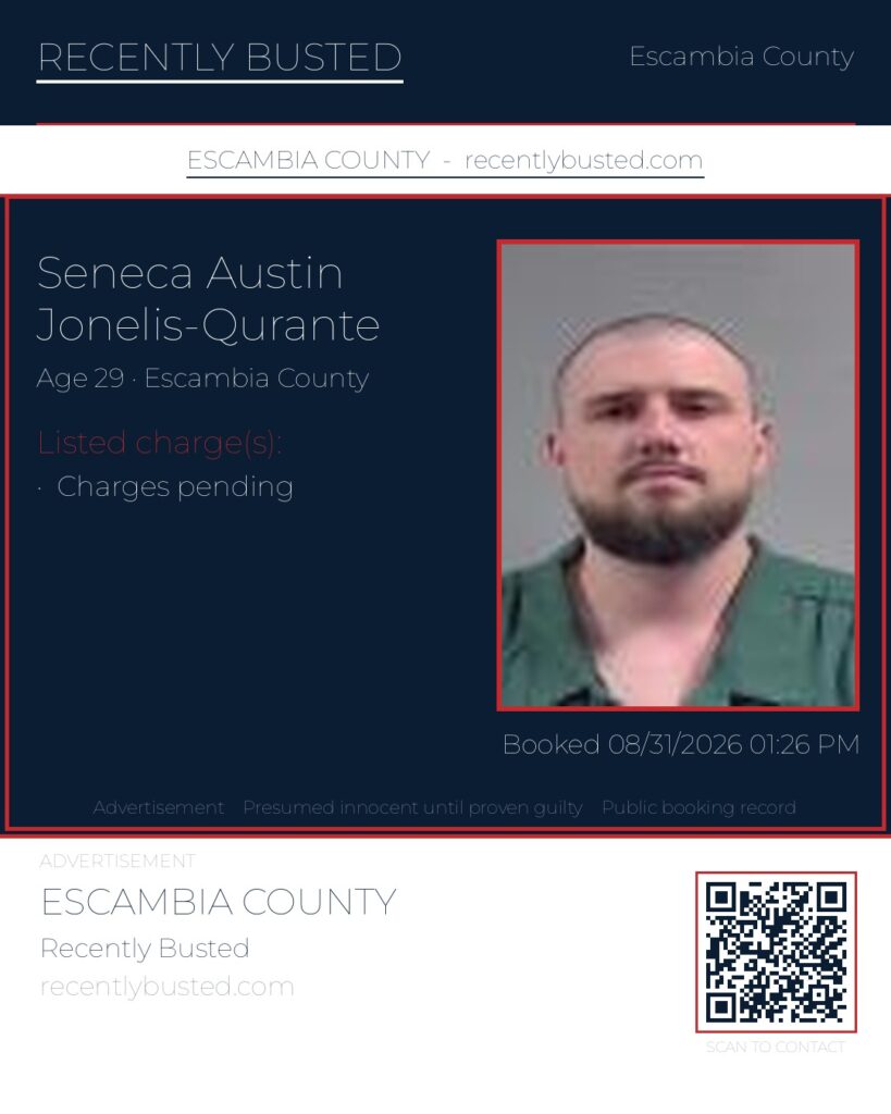 Seneca Austin Jonelis-Qurante — arrest record card, Escambia County, Florida