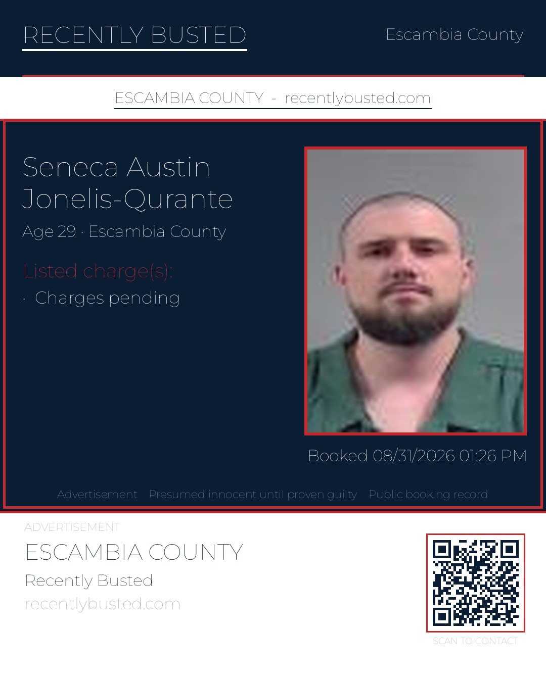 Seneca Austin Jonelis-Qurante — arrest record card, Escambia County, Florida