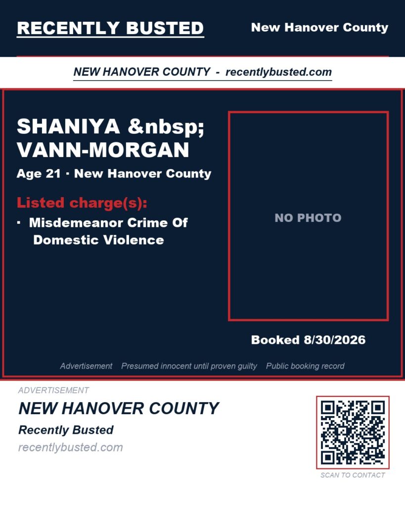 SHANIYA VANN-MORGAN — arrest record card, New Hanover County