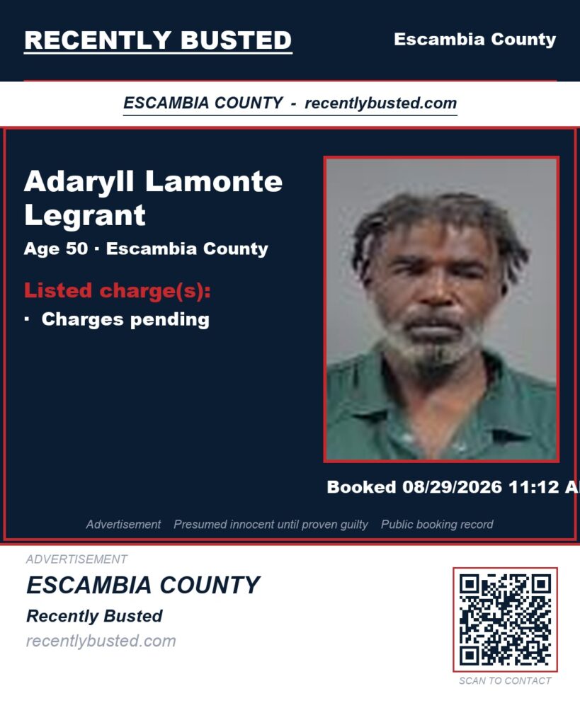 Adaryll Lamonte Legrant — arrest record card, Escambia County, Florida