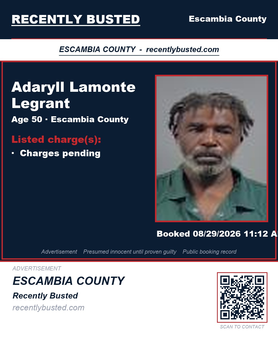 Adaryll Lamonte Legrant — arrest record card, Escambia County, Florida