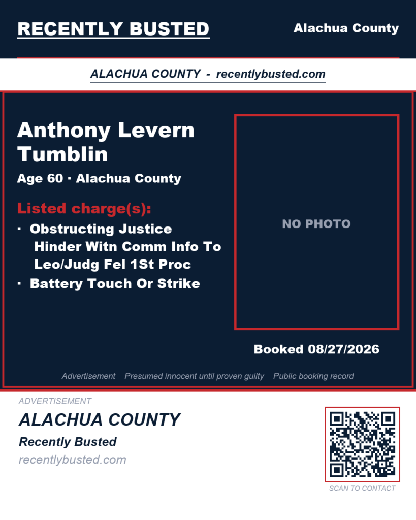 Anthony Levern Tumblin — arrest record card, Alachua County, Florida