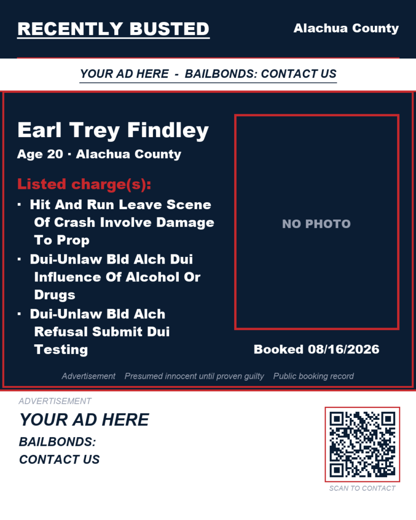 Earl Trey Findley — arrest record card, Alachua County, Florida