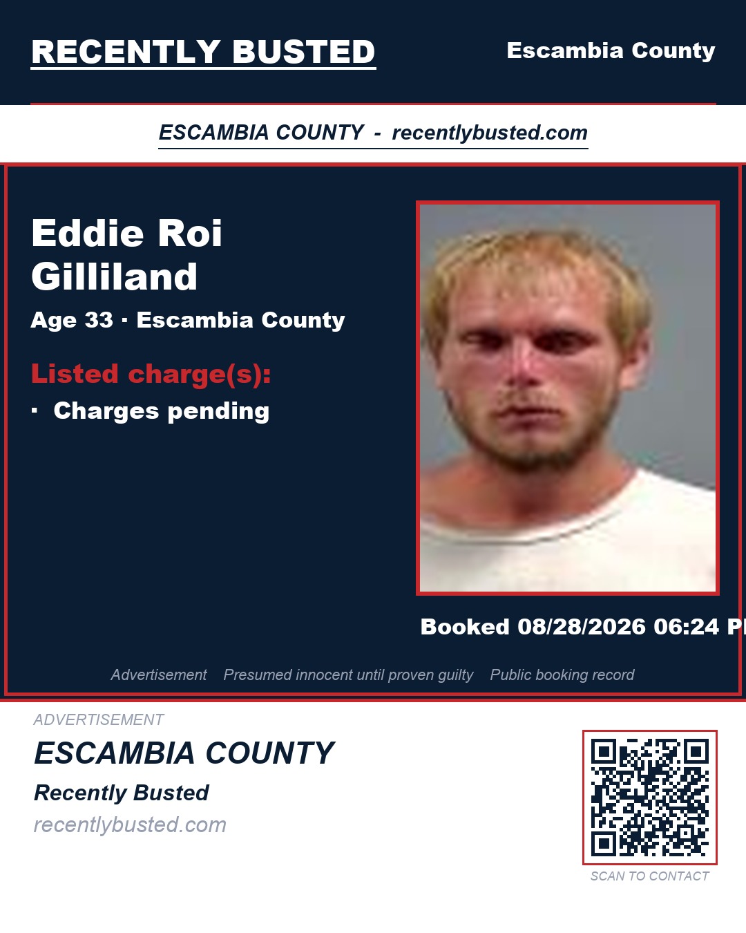 Eddie Roi Gilliland — arrest record card, Escambia County, Florida