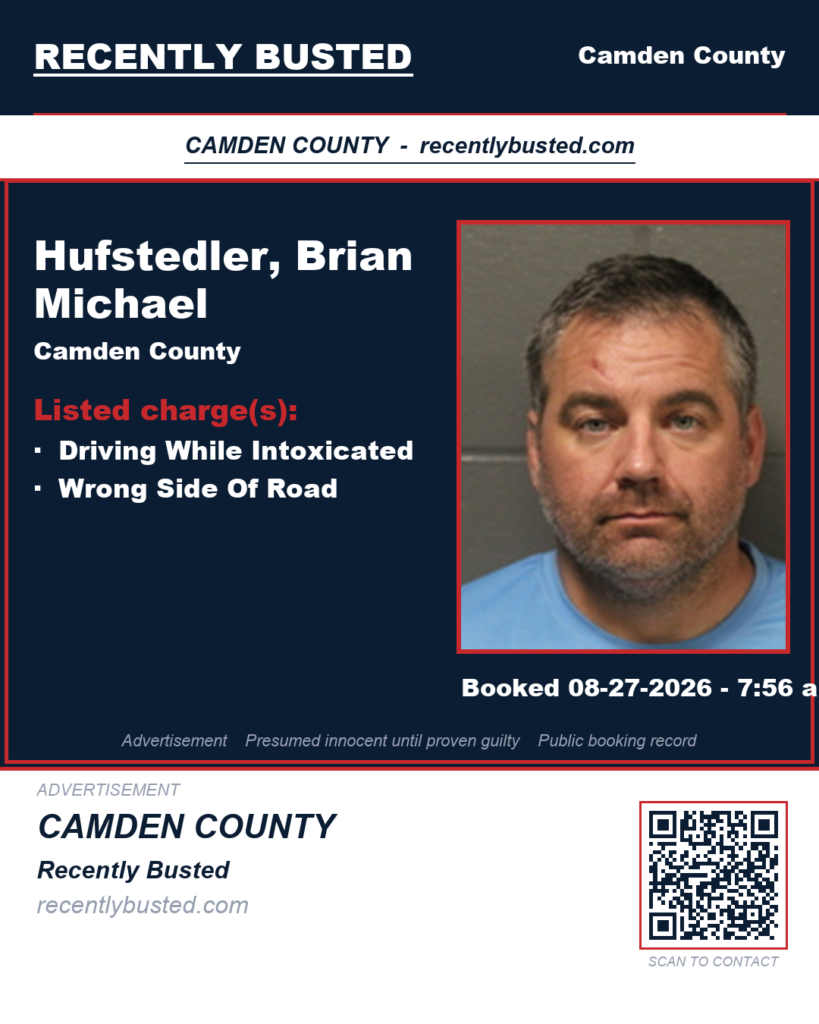 Hufstedler, Brian Michael — arrest record card, Camden County