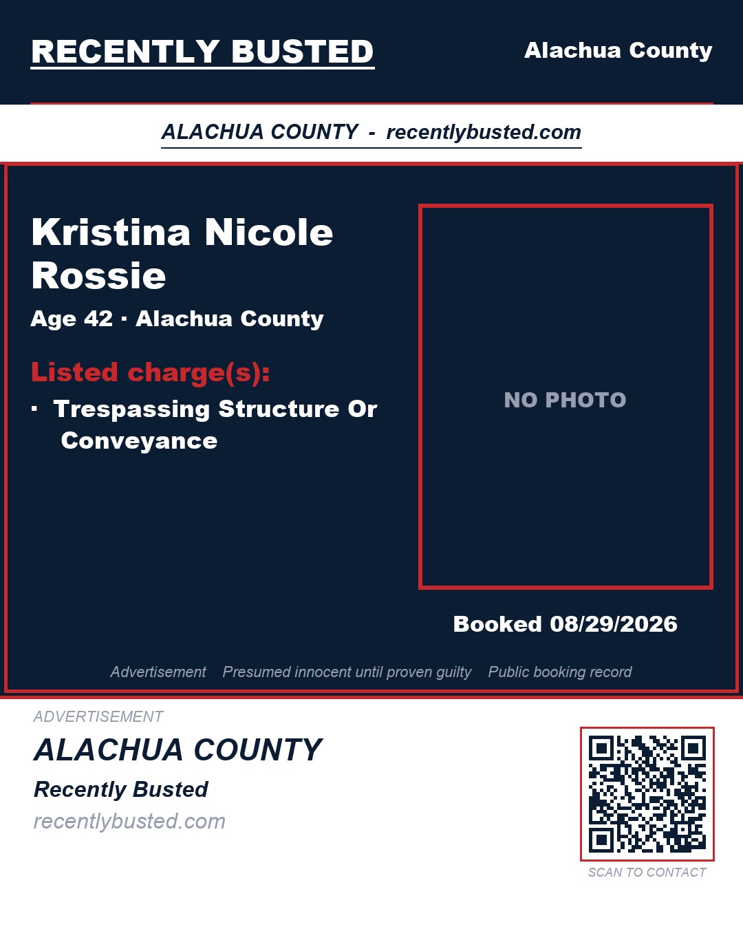 Kristina Nicole Rossie — arrest record card, Alachua County, Florida