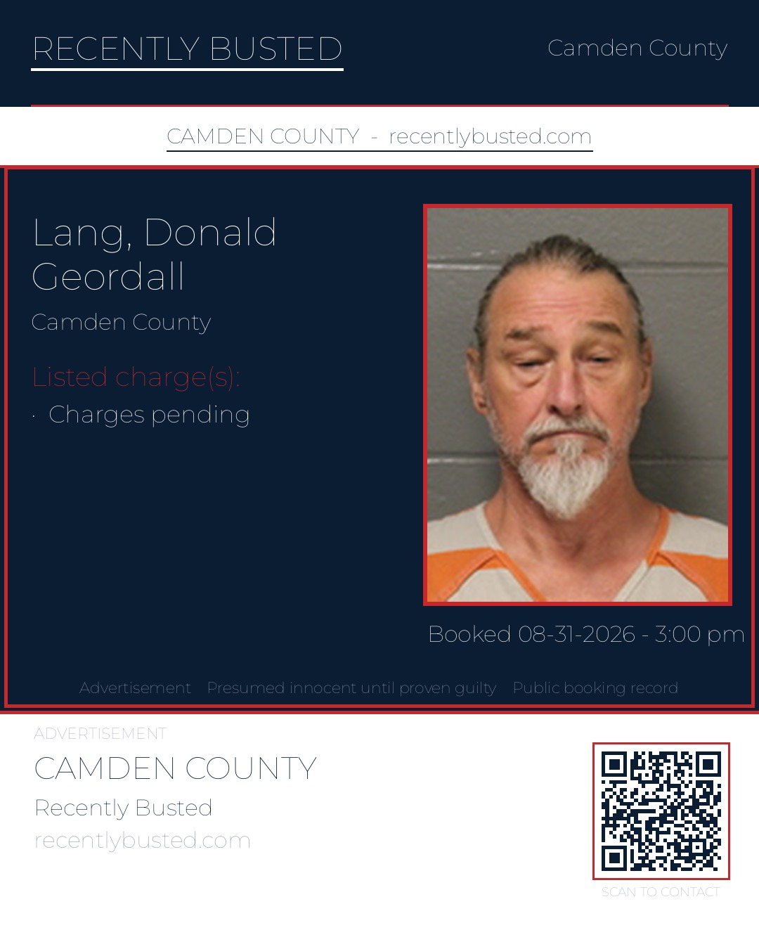 Lang, Donald Geordall — arrest record card, Camden County