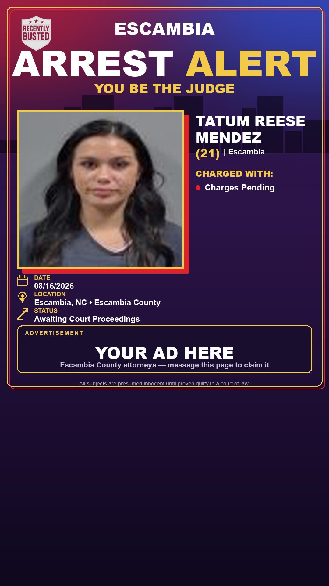 Arrest report - Tatum Reese Mendez
