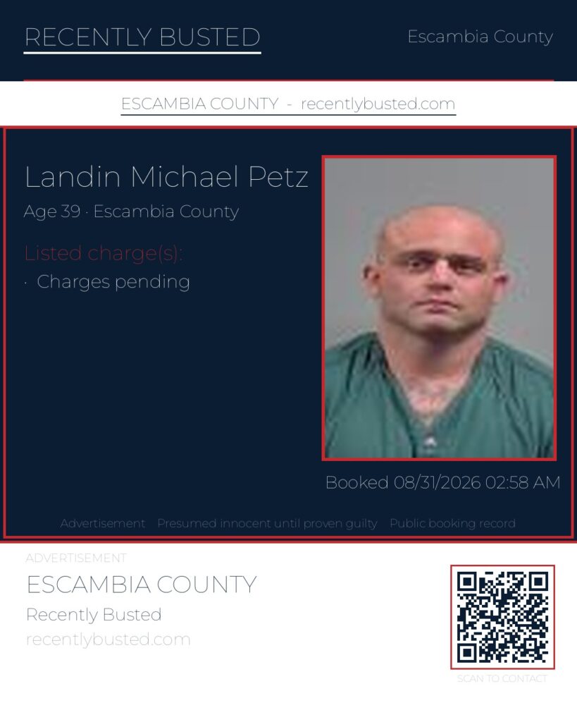 Landin Michael Petz — arrest record card, Escambia County, Florida