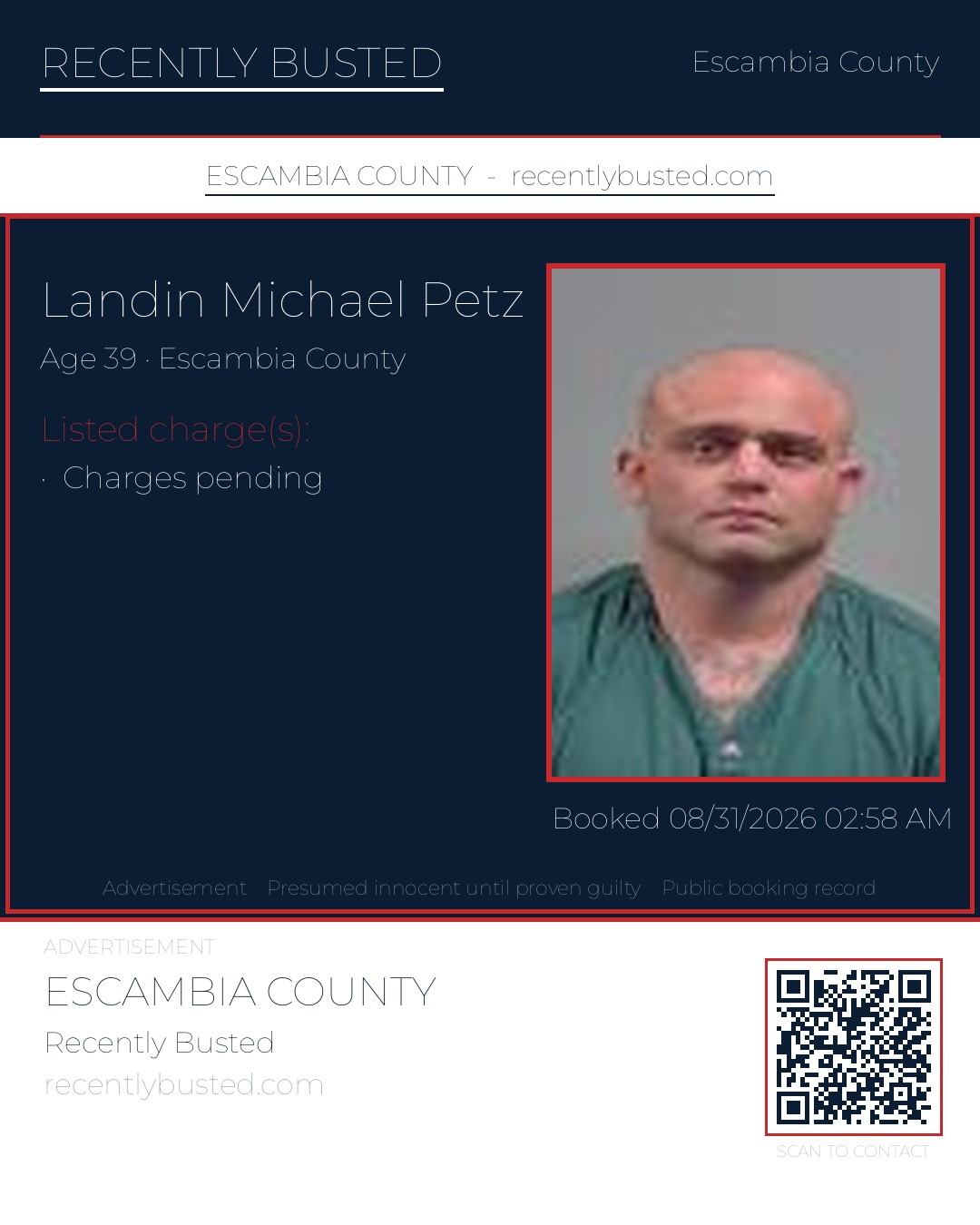 Landin Michael Petz — arrest record card, Escambia County, Florida