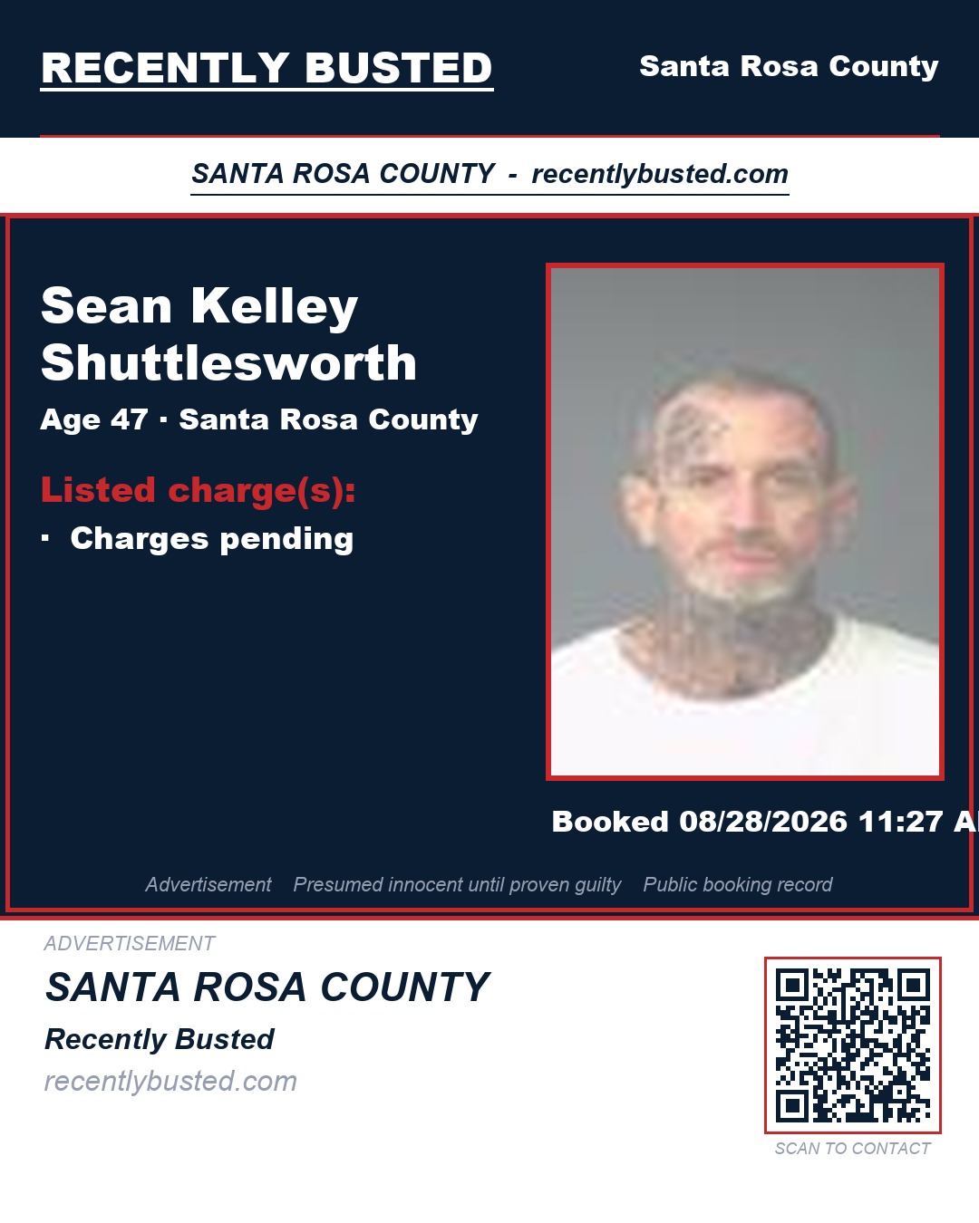 Sean Kelley Shuttlesworth — arrest record card, Santa Rosa County, Florida