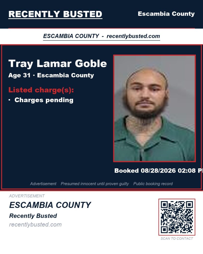 Tray Lamar Goble — arrest record card, Escambia County, Florida