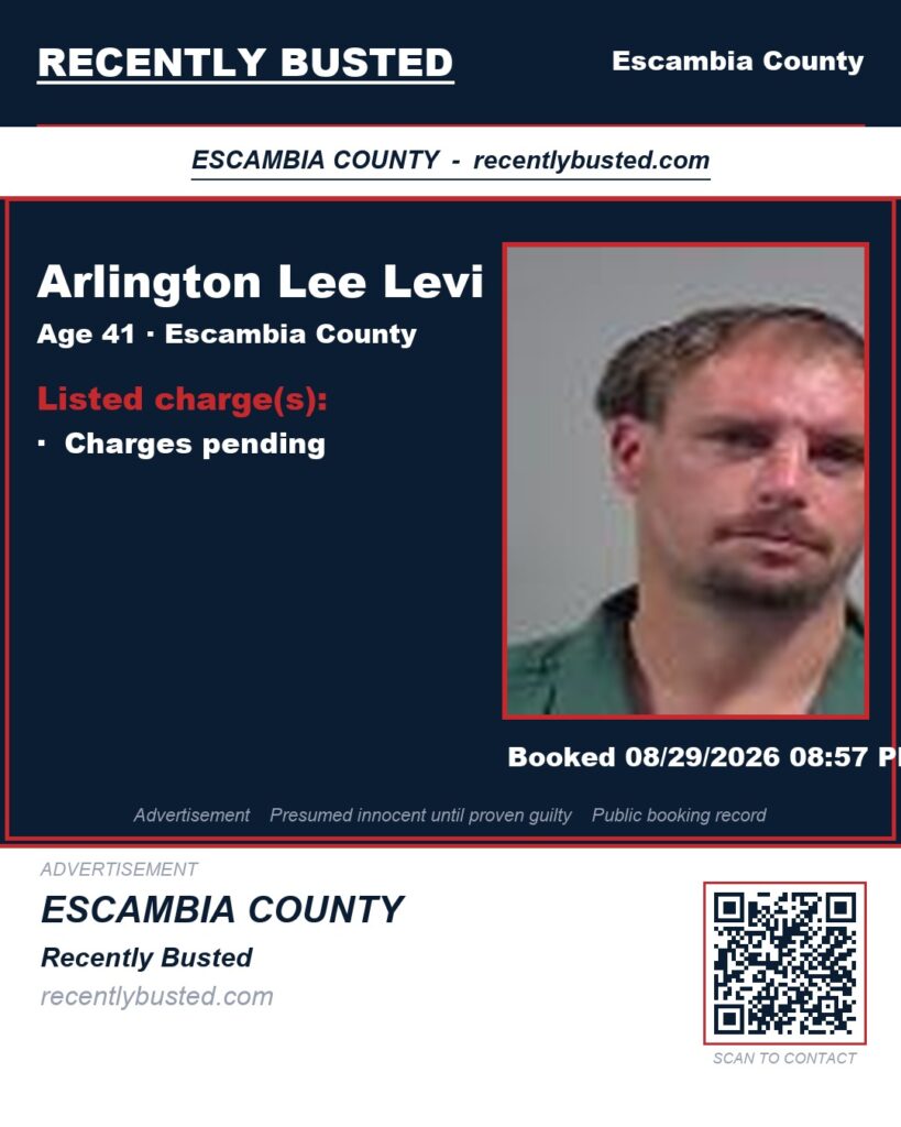 Arlington Lee Levi — arrest record card, Escambia County, Florida