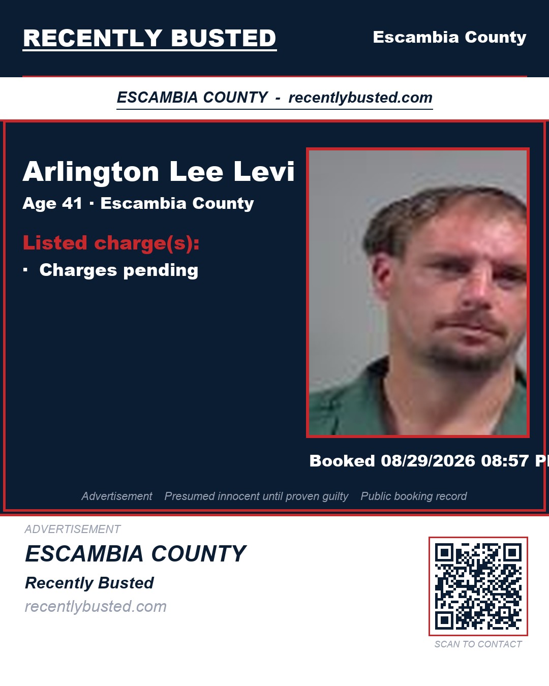 Arlington Lee Levi — arrest record card, Escambia County, Florida