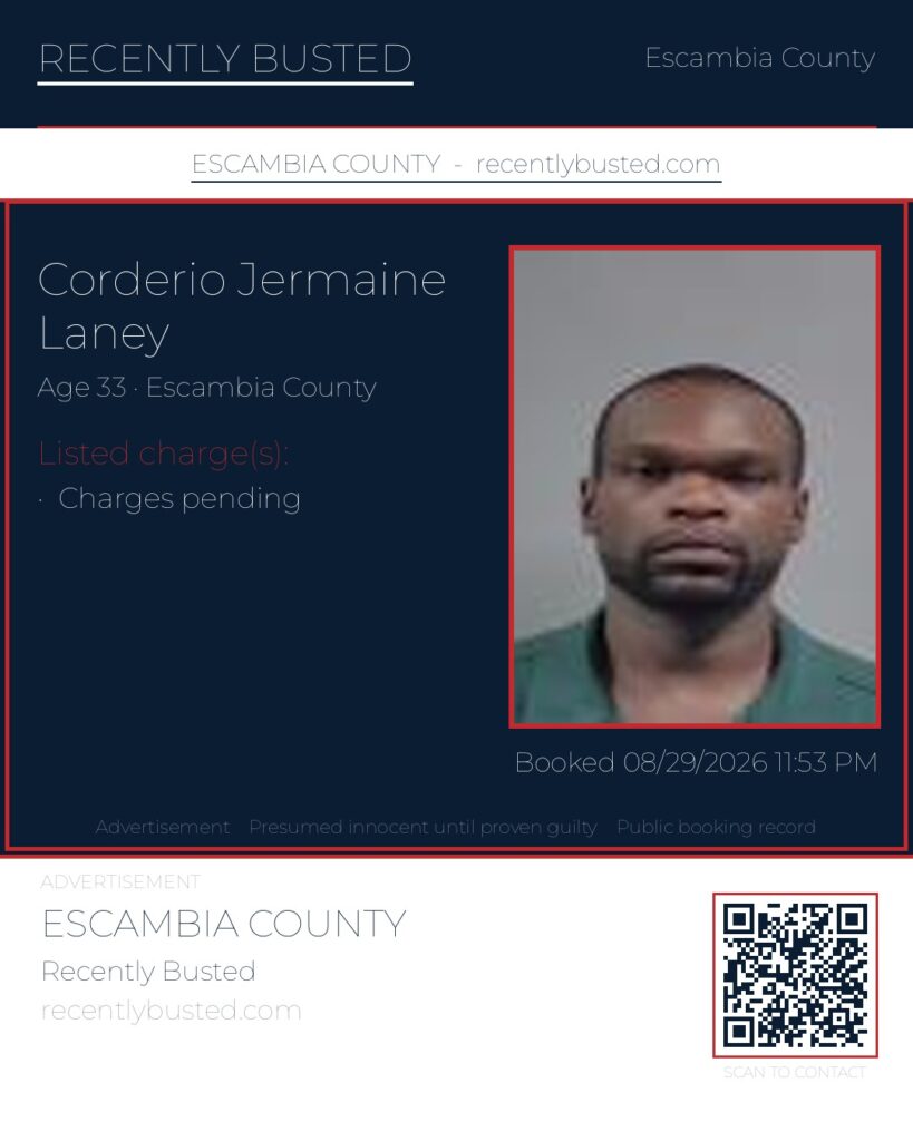 Corderio Jermaine Laney — arrest record card, Escambia County, Florida